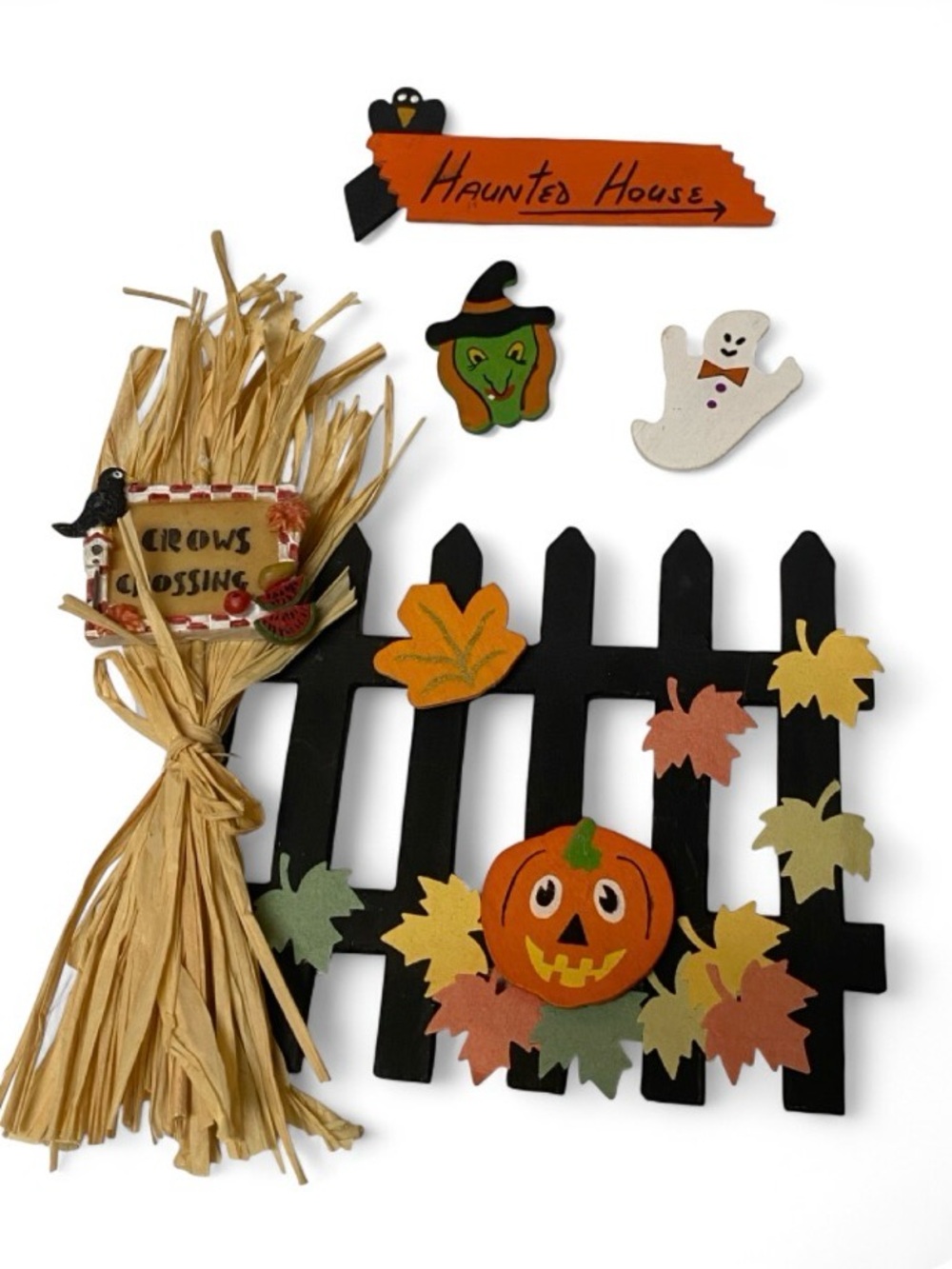 Handmade Halloween 4 piece 3D Fall Fence Fridge Magnets Wooden Décor